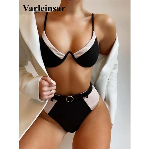Splicing V-Bra High Waist Bikini Female Swimsuit Women Swimwear Two-pieces Bikini set With Belt Bather Bathing Suit Swim V2954