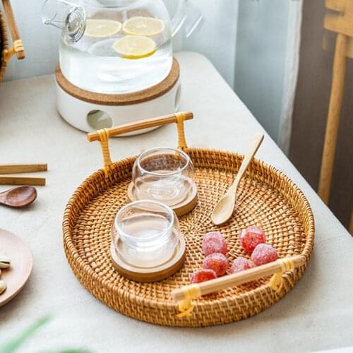Round Wicker Basket Bread Food Plate Hand-Woven Rattan Storage Tray With Wooden Handle Fruit Cake Platter Dinner Serving Tray