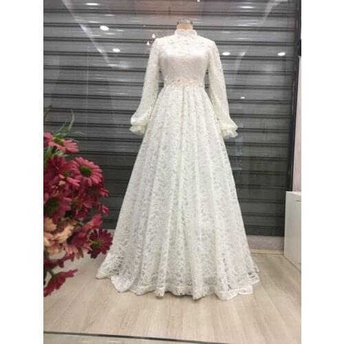 2021 Lace Appliques Muslim Wedding Dresses for Bride A Line High Neck Long Sleeves Bridal Gowns vestido de noiva