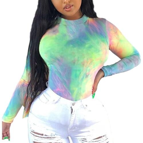 Fashion Tie Dye Print Bodycon Bodysuits Autumn Winter New 2020 Women Sexy Long Sleeve O Neck Skinny Party Streetwear Body