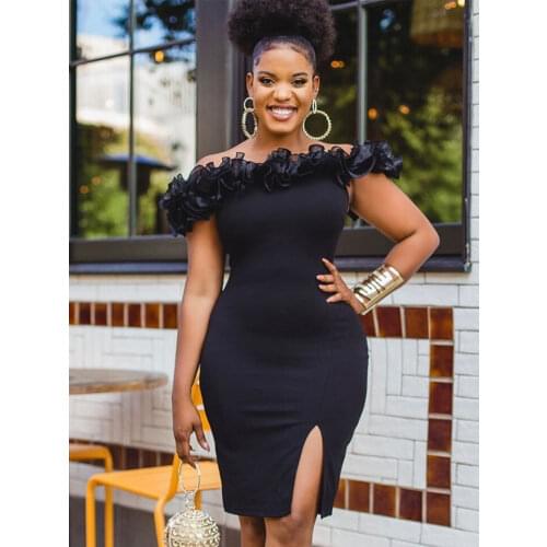 Sexy Summer Party Dress Vintage Black Mini Bodycon Dresses Off Shoulder Ruffles High Slit Birthday Date Night Occasion Outfits