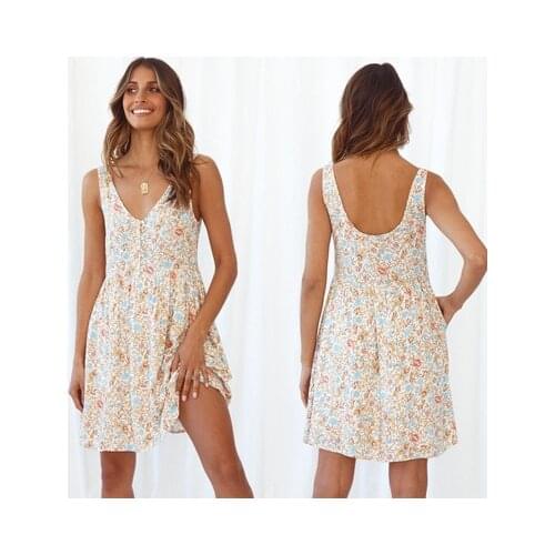 Summer Sexy V-neck Suspender Halter Button Decorative Printed Dress Female Sleeveless High Waist Mini Dress Womens Clothing XL