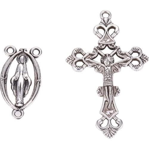 Antique Silver Color Alloy Crucifix Pendants Rosary Cross and Center Sets for Bead Necklace Making Virgin Links Lead Free 10Sets