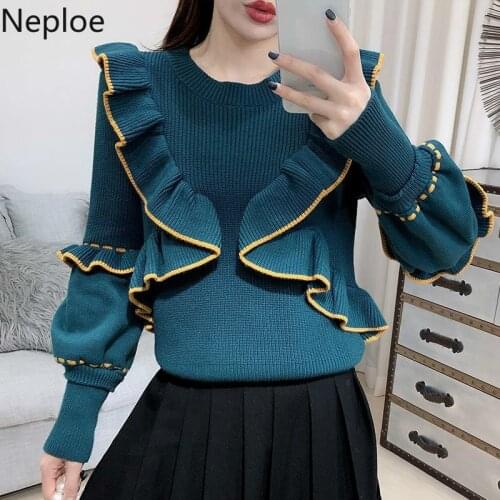 Neploe Ruffles Contrast Color Patchwork Pullovers Jumpers O Neck Lantern Sleeve Sweater Women Vintage Fashion Knitwear 1A489