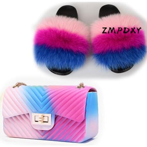 Womens Real Fox Hair Slides Jelly Shoulder Bag Shoes Sets Ladies Fluffy Furry Raccoon Fur Slippers Crossbody Purse Fur Sandals