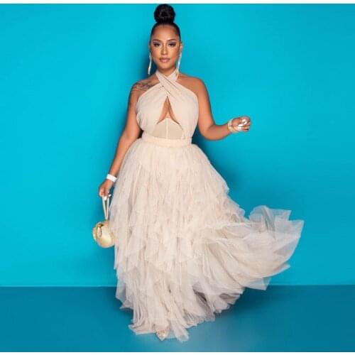 Light Pink Fashion Sexy Elegant Women Dress Halter Tulle Ruffle Floor Length A-Line Evening Dress Custom Made Prom Dress