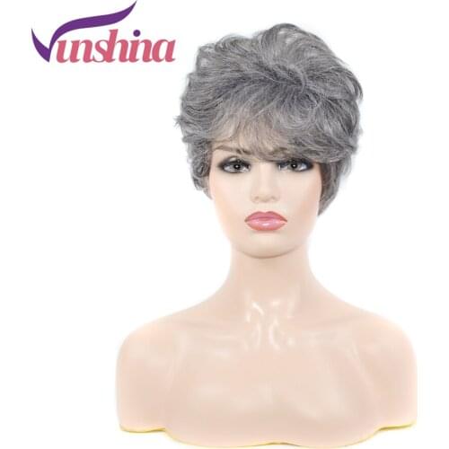 Vunshina Grey Short Synthetic Wig With Bangs Pixie Cut Wavy Natural Fringe Wigs For Black Women Gray False Hair Heat Resistant