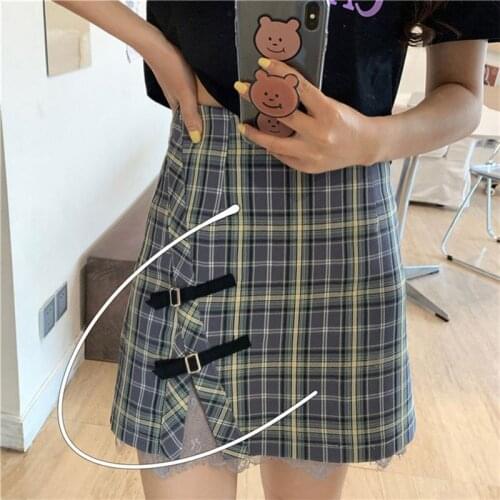 Plaid Skirts Women KPOP Girl Split Skirt 2021 New Mini Skirt Korean Fashion Short Dresses A-line Skirt Kawaii Lace Summer Skirt