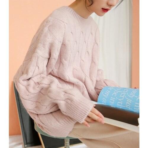 2019 New Korean Edition College Wind O-Neck Solid Sweater Womens Loose Hundred Lantern Sleeve Knitted Elegant Sweater