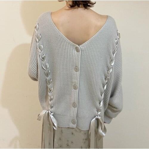 Ladies 2021 Early Spring Front And Back Bandage Straps Knitted V-neck Pullover Sweater Top