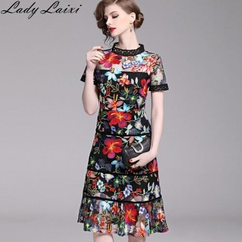 2019 Summer Runway Floral Embroidery Mesh Dress Sexy Work Casual ladies Clothes Women Elegant Slim Ruffles Party Dress Vestidos