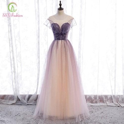 SSYFashion New Evening Dress for Women Sweet Gradient Color Sequins Beading Floor-length Long Formal Gowns Vestidos De Noche