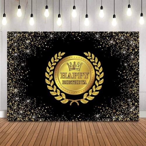 Gold Crown Birthday Backdrop Black and Golden Boy Happy Birthday Party Decorations Glitter Shiny Photo Background Supplies Decor