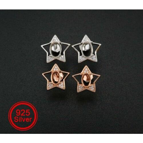 1Pair Oval Studs Earrings Settings Star Rose Gold Plated Solid 925 Sterling Silver Bezel DIY Supplies for Gemstone Jewelry 17060