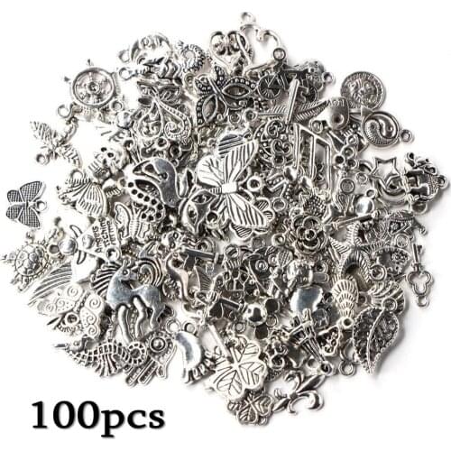100pcs Tibetan Silver Mixed Pendant Beads Jewelry Bracelets Earrings Necklace Making DIY Craft Art Charms