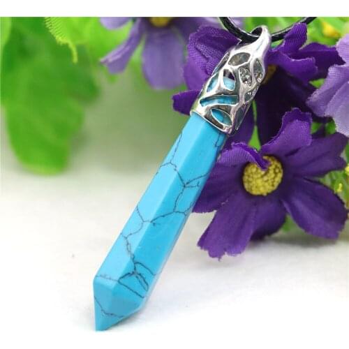 10X65mm Blue Nail Turkey Turquoise Stone Pendant Necklace Alloy Black Rope Chain Extendable Clasp Women Jewelry Making Design