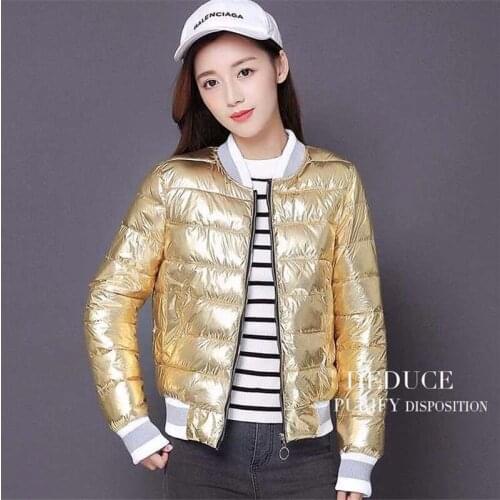 2019 Fashion Zipper Women Glossy Baseball Jacket Winter Down Parka Female College Jackets Bomber Jacket Coats Basic Outwear