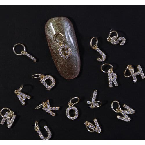 26 Letters CZ Gold Charms 26pcs 10mm 24K Gold Zircon A-Z Letters Nail Art Charm 26 Capital Letter Charm Dangle Nail Charms