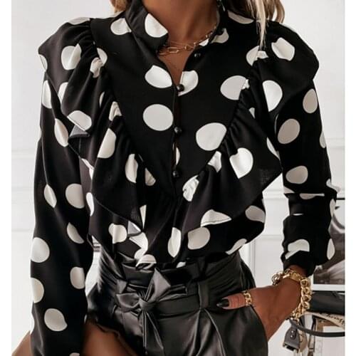 Fashion Blouse V-neck Button Polyester Ruffle Trim Top Blouse for Autumn women shirts long sleeve botton shirt