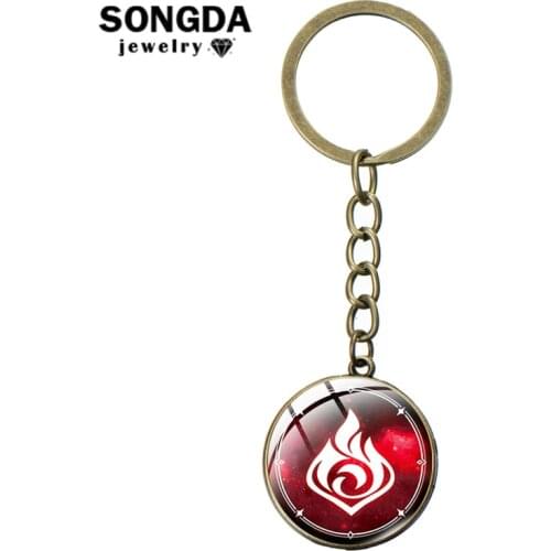 Genshin Impact Keychain God Genshin Impact Eye Glass Cabochon Keyring Bronze Silver Metal Key Holder Handmade Bag Pendant Gifts
