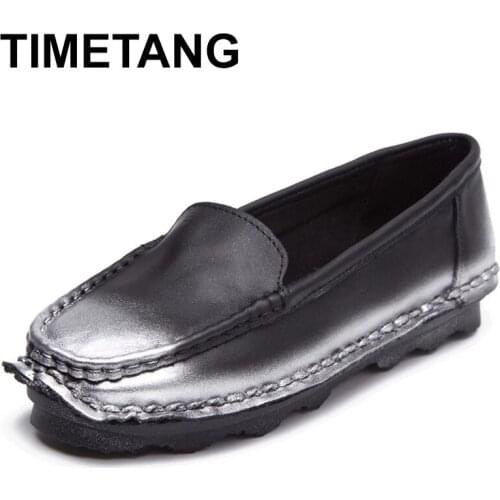 TIMETANG 2021 Spring Genuine Leather Shoes Women Slip On Boat Shoes Handmade Soft Mixed Colors Vintage Flats Loafers Women