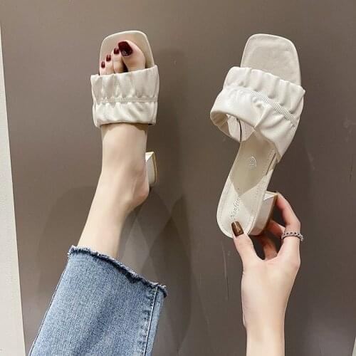 Fashion PU Slippers Square High Heel Slippers Ladies Slippers Low Top Summer Soft High Heels Women Sandals Shoes Women