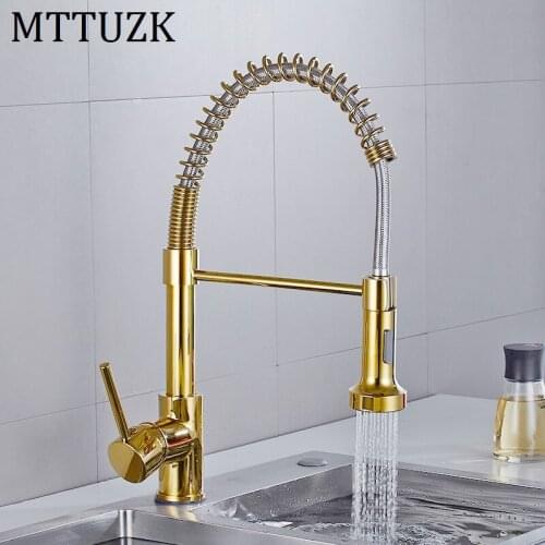 MTTUZK Black Kitchen Faucet Gold Brass Faucet for Kitchen Sink Single Lever Pull Out Spring Spout Mixer Tap Hot Cold Water Crane