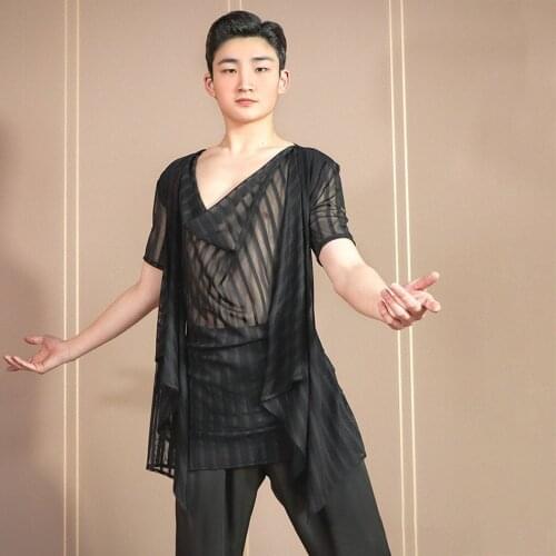 2021 New W724 Male Latin Dance Tops Short Sleeve V Neck Design Latin Dancing Tops Performamnce Modern Dance Dress