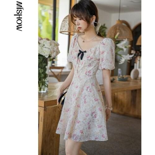 MISSHOW Chiffon Dress Women Summer 2021 French Puff Sleeve A-line Bow Female Mini Dresses Vestidos Womens Blouse MXA21L0221