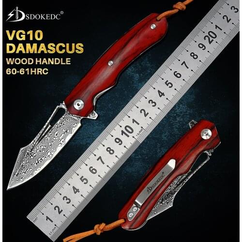 SDOKEDC Knives VG10 Damascus Ball Bearing Hunting Folding Blade Knife Tactical Military Outdoor Survival Edc Wood Pocket Knifes
