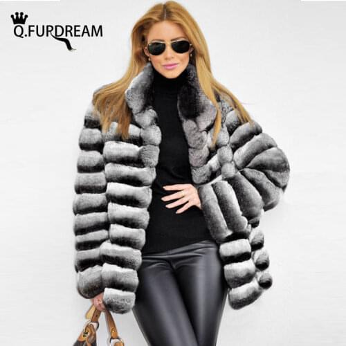 Q.FURDREAM New Woman Fur Coat Real Rex Rabbit Fur Overcoat Chinchilla Color Winter Warm Jacket Fashion Outerwear Stand Collar