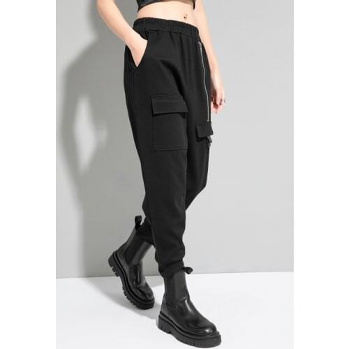 Spring and summer 2021 new pocket zipper elastic brocade cotton slim Leggings Street cool elastic waist Harem Pants