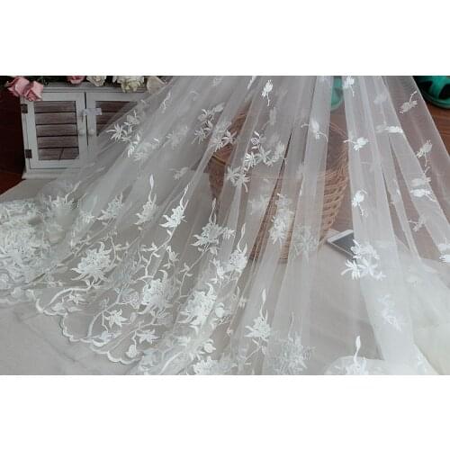 Ivory High-end luxury Vintage cotton Embroidered Lace Fabric with floral , Wedding Gown Lace Fabric