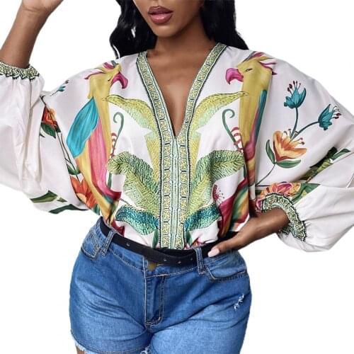 Blusas Women Tropical Print Batwing Sleeve Women Blouse Autumn V-Neck Bohemia Loose Blouse Women blusas mujer de moda 2021