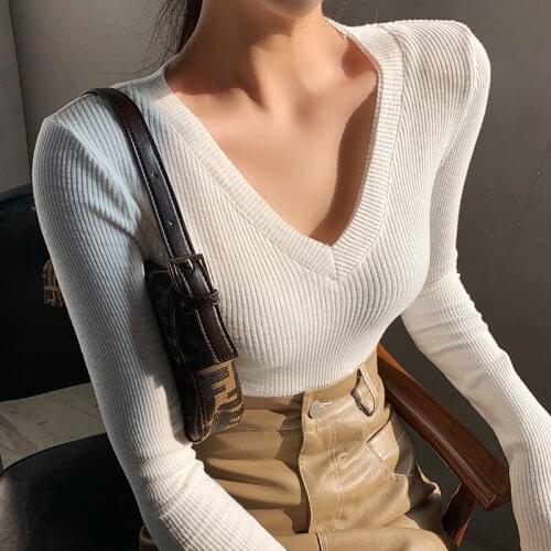 Gkfnmt 2021 White T shirt Women Clothes Cotton Female Korean T-Shirt Gray Tops Sexy V-Neck Long Sleeve Black Tee Shirt Clothes