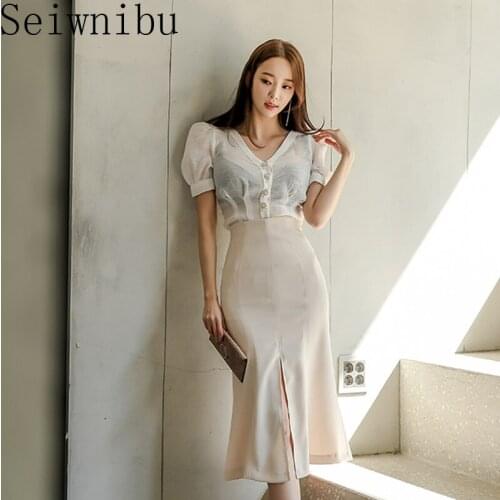 Summer Women Cloth Short Sleeve Chiffon Exquisite button blouse High Waist Split Bodycon Skirt Two Piece Women Office Dress