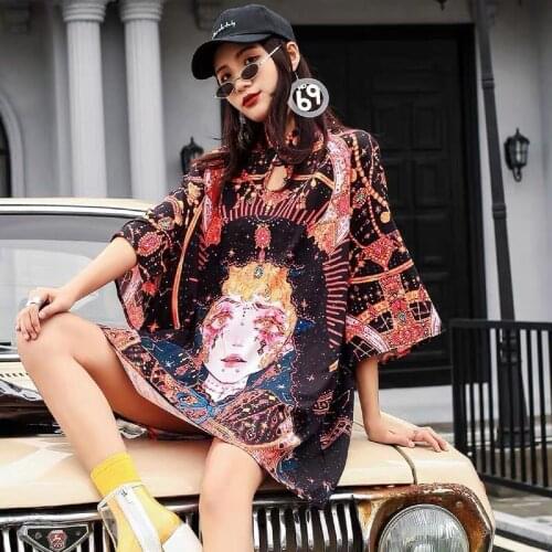 Women Dresses 2020 New Sexy Print Dress Chinese Style Short Sleeve A Line Mini Dress Mandarin Collar Robe Oversize Dress Robe