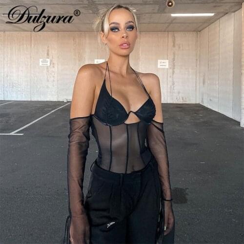 Dulzura Mesh Patchwork Women Halter Corset Top Sheer See Through Bustier Ruched Off Shoulder Sexy Streetwear Club