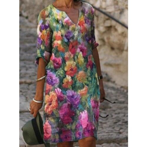 V Neck Half Sleeve Print Dress Women Summer Casual Loose Vintage Pullover Robe Tshirt Elegant Short Dresses Clothing Plus Size