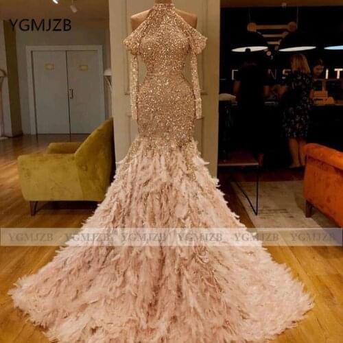 Sequined Mermaid Prom Dresses Long Sleeves 2020 Feather Off Shoulder Luxury Formal Evening Dresses Women Dubai Prom Gowns