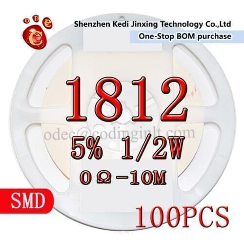 1812 SMD resistor 5% 1/2W Chip 100pcs/lot 0R~100M 10R 220R 330R 1K 1.5K 2.2K 3.3K 10K 22K 47K 100K 100K 220K 2K2 3K3 4K7 ohm