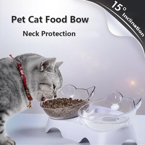 2 In 1 Oblique Cat Bowl Cat Ears Shaped Pet Double Bowls Drinking Fountain Leak Proof Neck Protection Food Bowls Pet Supplies