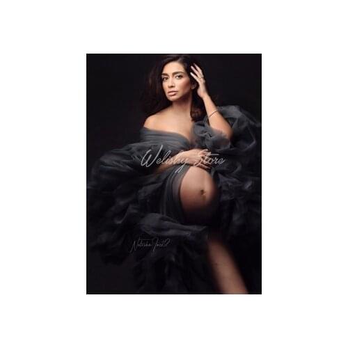 2021Dark Gray Extra Puffy Ruffled Sleeves Long Robes Tulle Maternity Women Outfits Party Dress Floor Length Tops Open Jacket