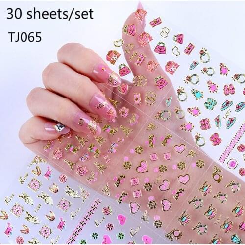 30pcs/set Nail Stickers Pink Cute Cartoon Flower Personality Trend 3D Nail Stickers Children Animal Nails Decal Nail Decoration