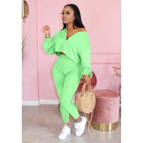 Adogirl S-4XL Solid Two Piece Set Women Tracksuit Zipper V Neck Long Sleeve T Shirt Crop Top Pencil Pants Fashion Casual Suits