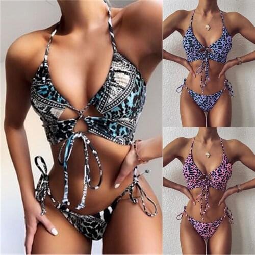 Bikini Sexy Leopard Swimming Suit for Women Bandage Bikini Set Push Up Bohe Low Waist Swimwear Solid Beachwear