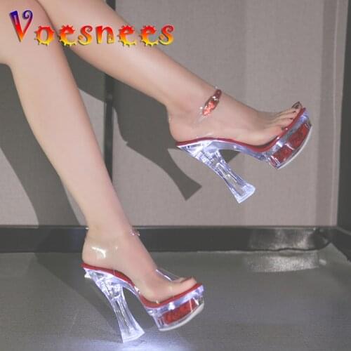 Voesnees Light Shoes Sandals Women 2020 Summer New Rose Flowers Clear High Heels 14.5cm Platform Square Heel Ladies Party Shoes