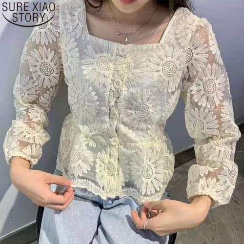 Elegant Female Tops New Sweet Square Collar Slim Women Blouses women Embroidery Floral Lace Shirts Clothing Blusas Mujer 15599