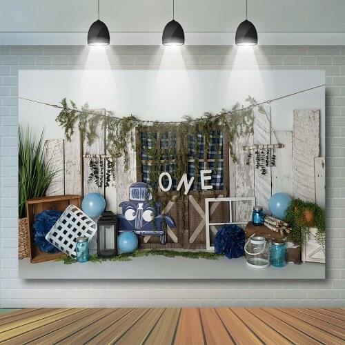 Newborn Photography Backdrop White Wood wall Green Gress Cake smash Background Blue balloon child Decor Banner