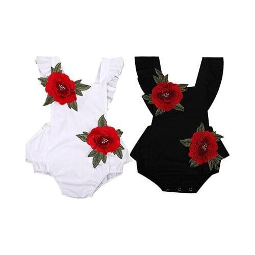 Newborn Baby Girl Clothes Red Rose Flower Backless Rompers Jumpsuit Sunsuit White Black Sleeveless Infant Romper Clothing 0-24M